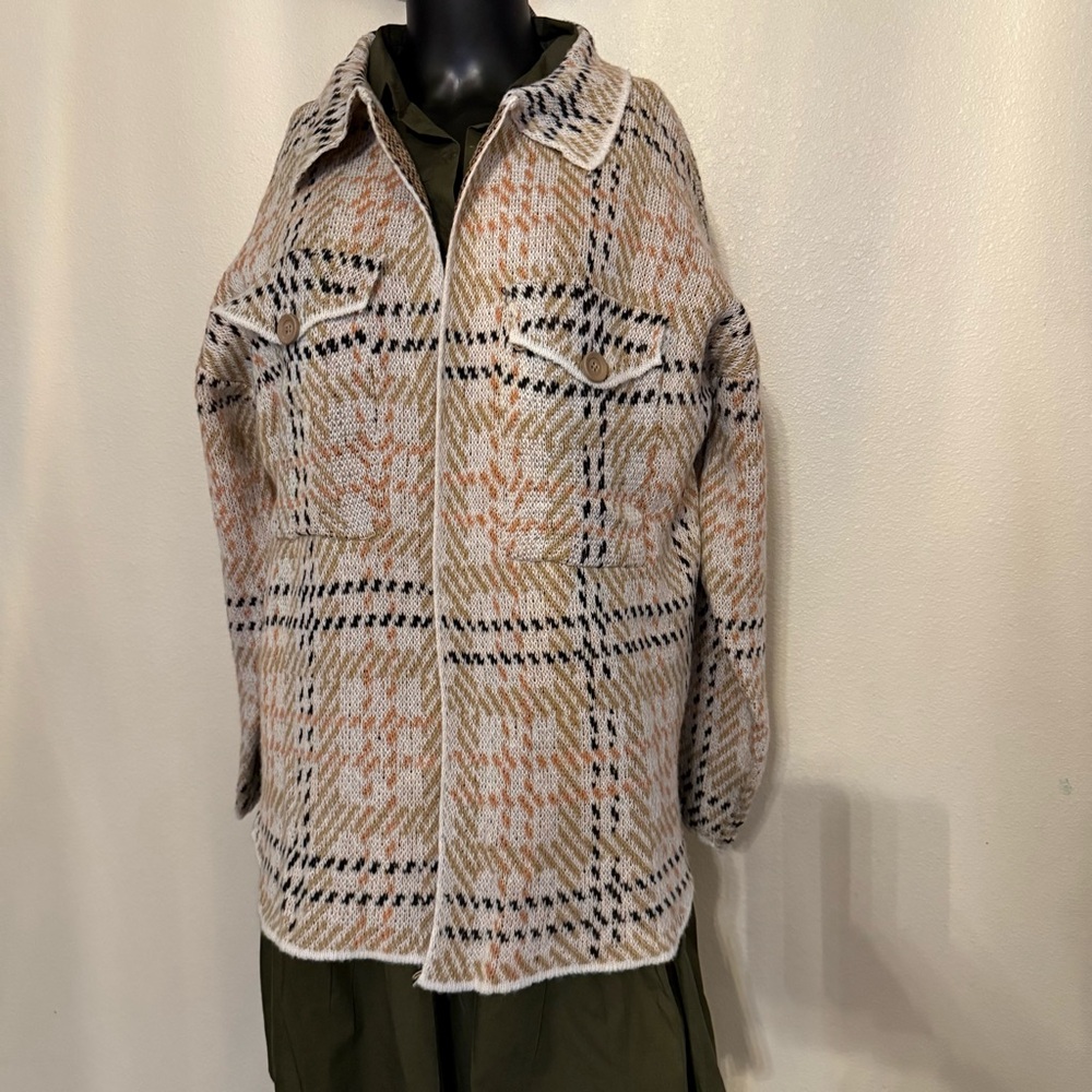 Plaid Women's Cardigan Sweater - Cream and Tan - Picture 6 of 15